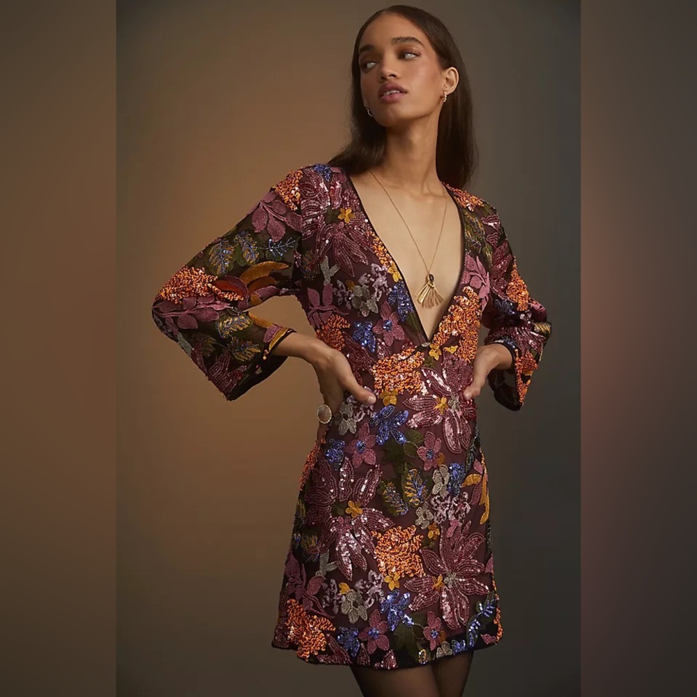 Anthropologie Burgundy Floral Sequin Mini Dress